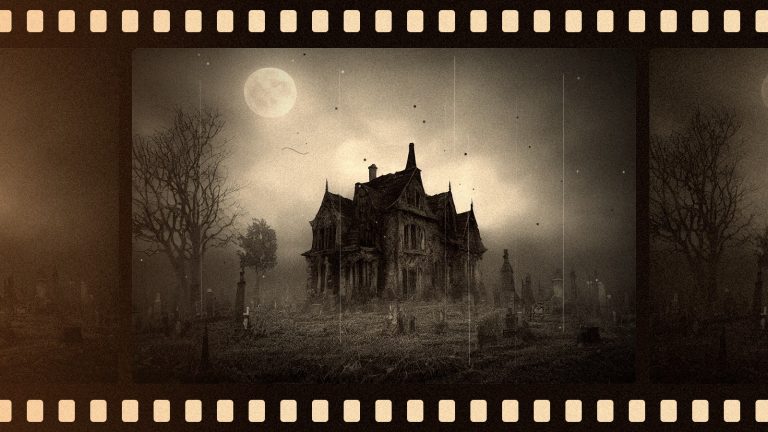 Nawiedzony dom nocą w kadrze starej taśmy filmowej – ilustracja do zestawienia horrorów na Halloween 2026